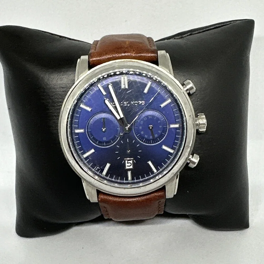Michael Kors MK8429 Men Brown Leather Strap Analog Blue Dial Quartz Watch HME553